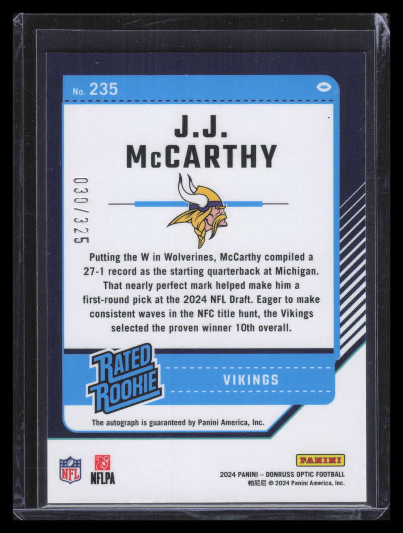 2024 Donruss Optic Rated Rookies RPS Autographs 235 J.J. McCarthy RC Auto 30/325