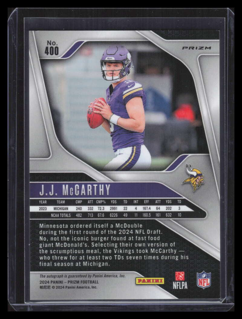 2024 Panini Prizm Autographs Prizms No Huddle 400 JJ McCarthy Rookie Auto
