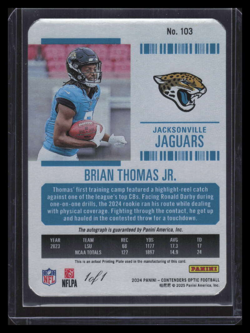 2024 Panini Contenders Optic Printing Plate 103 Brian Thomas Jr. RC Auto 1/1