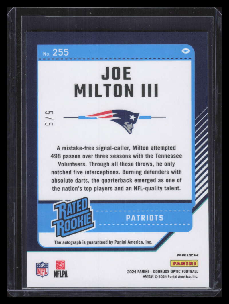 2024 Donruss Optic Rated Rookies RPS Autographs Green 255 Joe Milton RC Auto 5/5