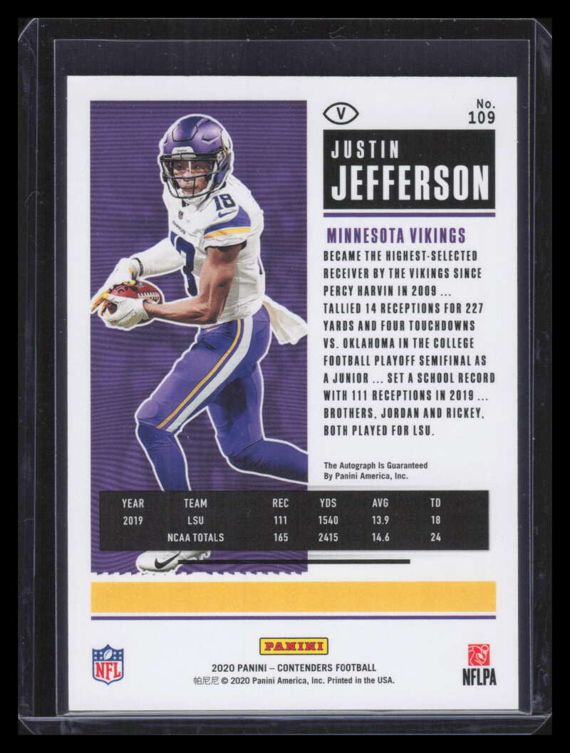 2020 Panini Contenders Red Zone 109b Justin Jefferson Rookie Auto Variation