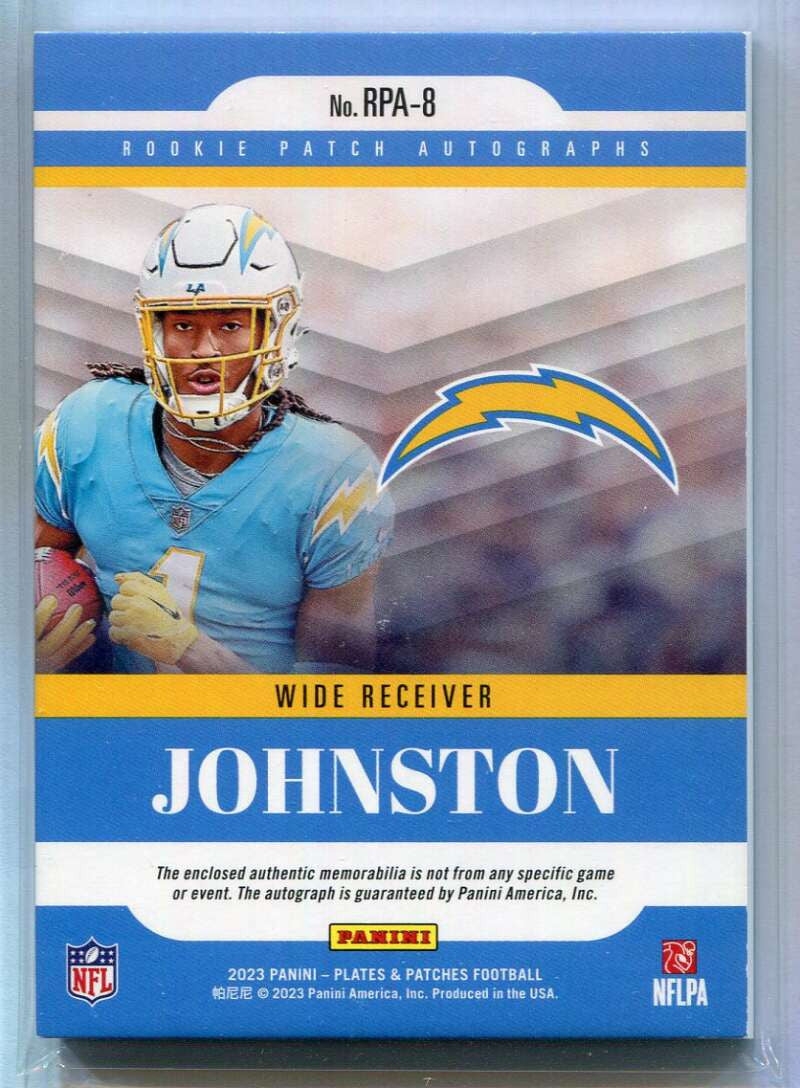 2023 Panini Plates and Patches Autographs 8 Quentin Johnston RC Patch Auto 8/10