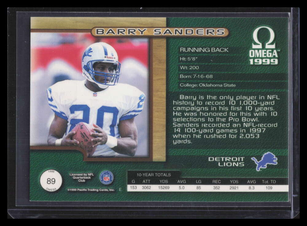 DELETE 173906 1999 Pacific Omega Gold 89 Barry Sanders 159/299
