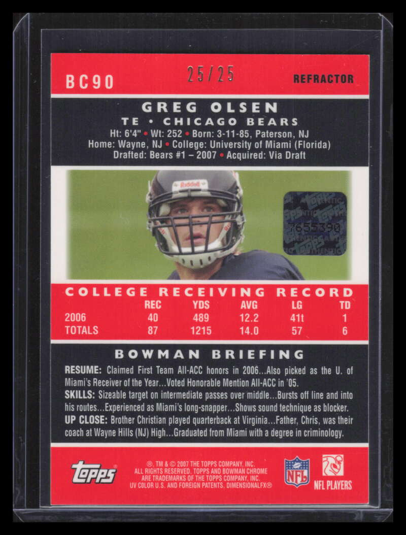 2007 Bowman Chrome Rookie Autographs Orange Refractor Greg Olsen RC Auto 25/25