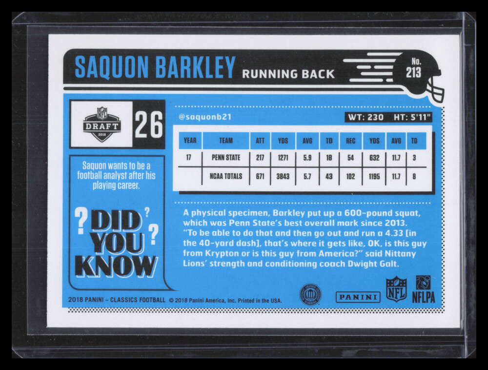2018 Classics Blue Back 213 Saquon Barkley Rookie 90/175
