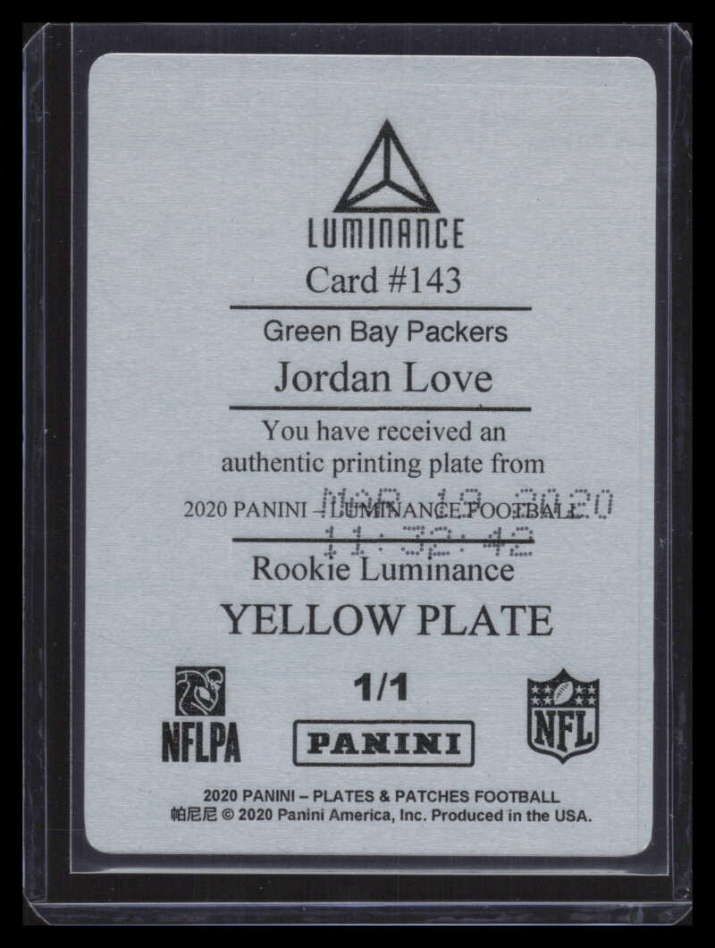 2020 Panini Luminance Printing Plate Yellow 143 Jordan Love Rookie 1/1