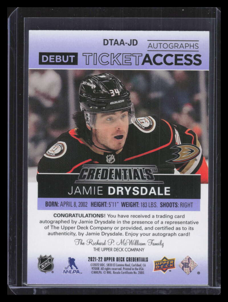 2021-22 UD Credentials Debut Ticket Access Autograph Jamie Drysdale RC Auto 4/10