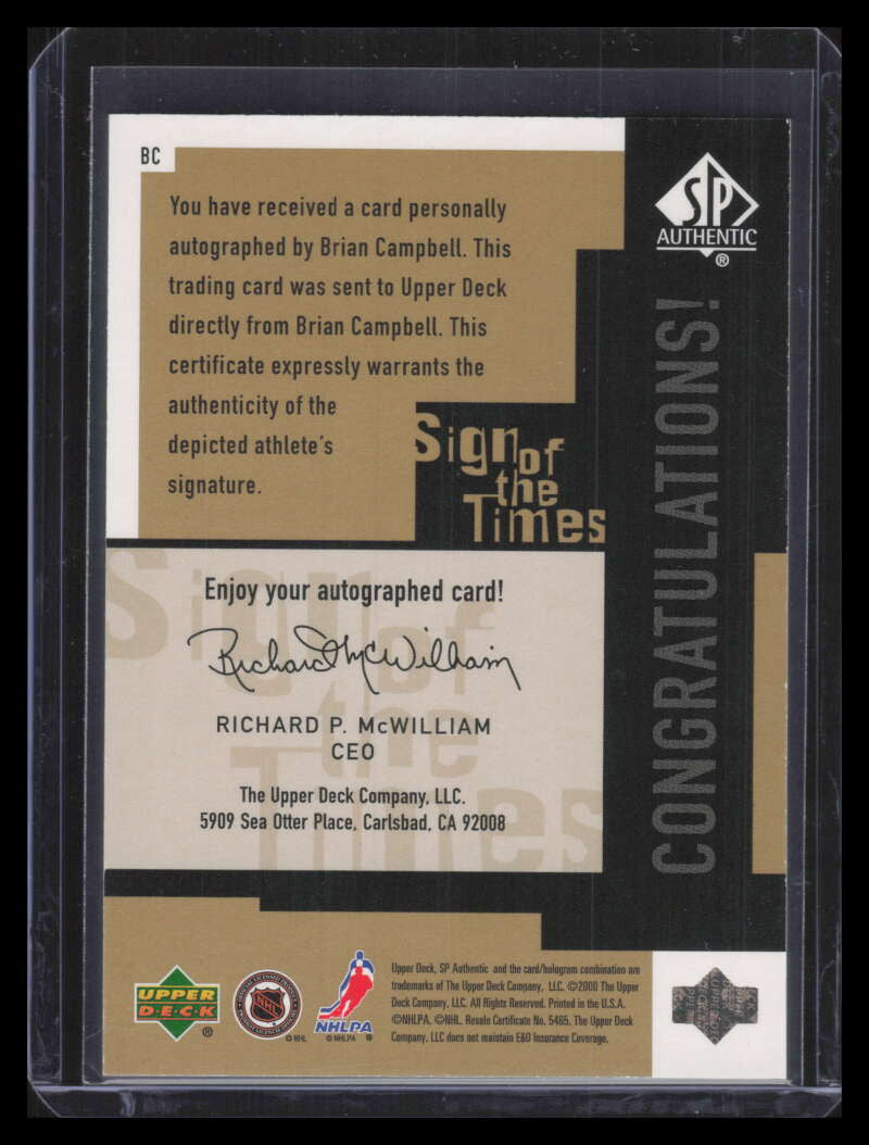 1999-00 SP Authentic Sign of the Times Gold BC Brian Campbell Rookie Auto 2/25
