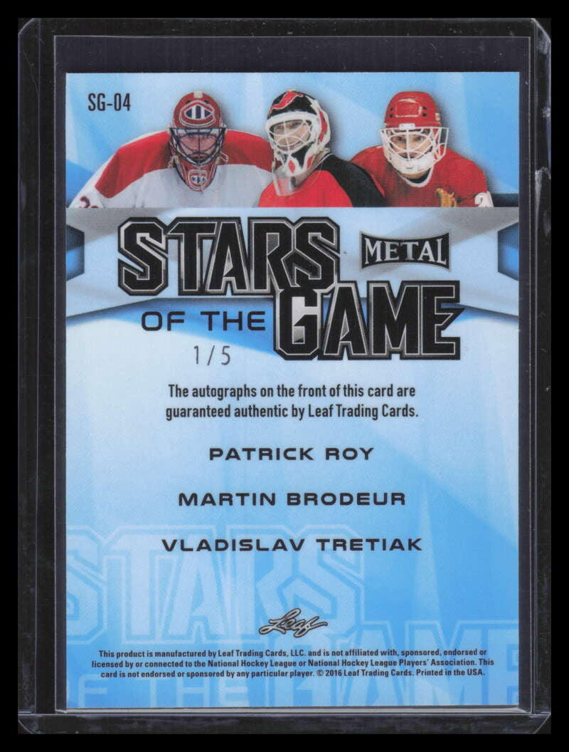 2015-16 Leaf Metal Stars of the Game Tretiak Brodeur Patrick Roy Triple Auto 1/5