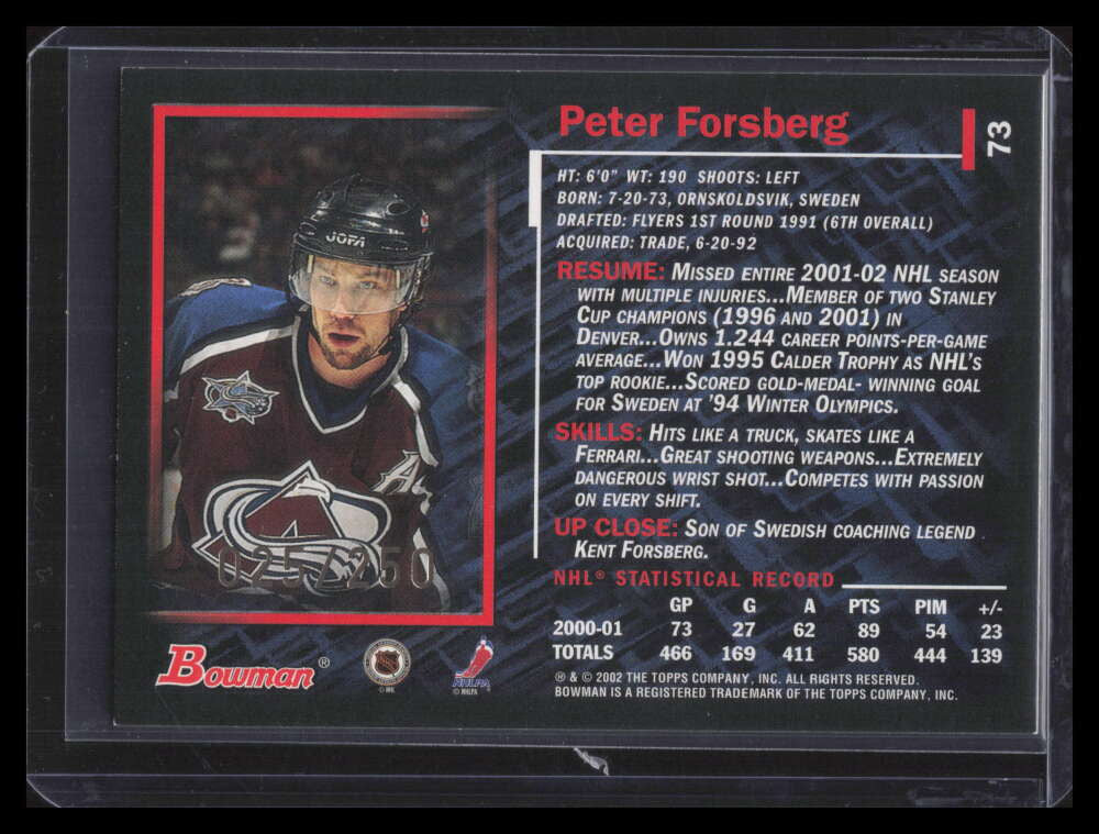 2001-02 Bowman YoungStars Gold 73 Peter Forsberg 25/250
