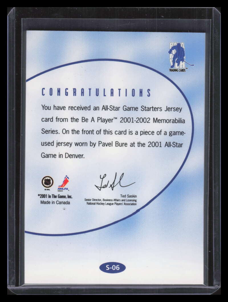 2001-02 BAP Memorabilia Starting Lineup s6 Pavel Bure All-Star Game Jersey /70