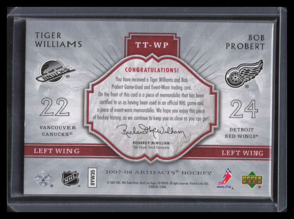 2007-08 Artifacts Tundra Tandems Red TTWP Tiger Williams Probert Dual Patch 1/10
