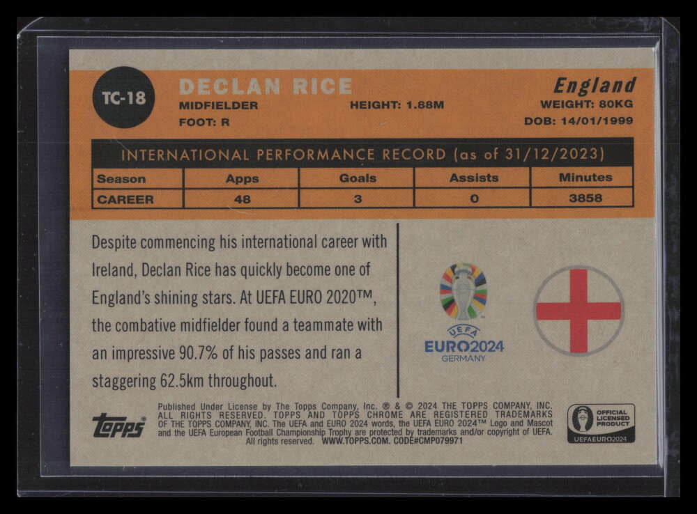 2024 Topps Chrome UEFA Euro '60 Chrome Blue Refractor tc18 Declan Rice 49/75