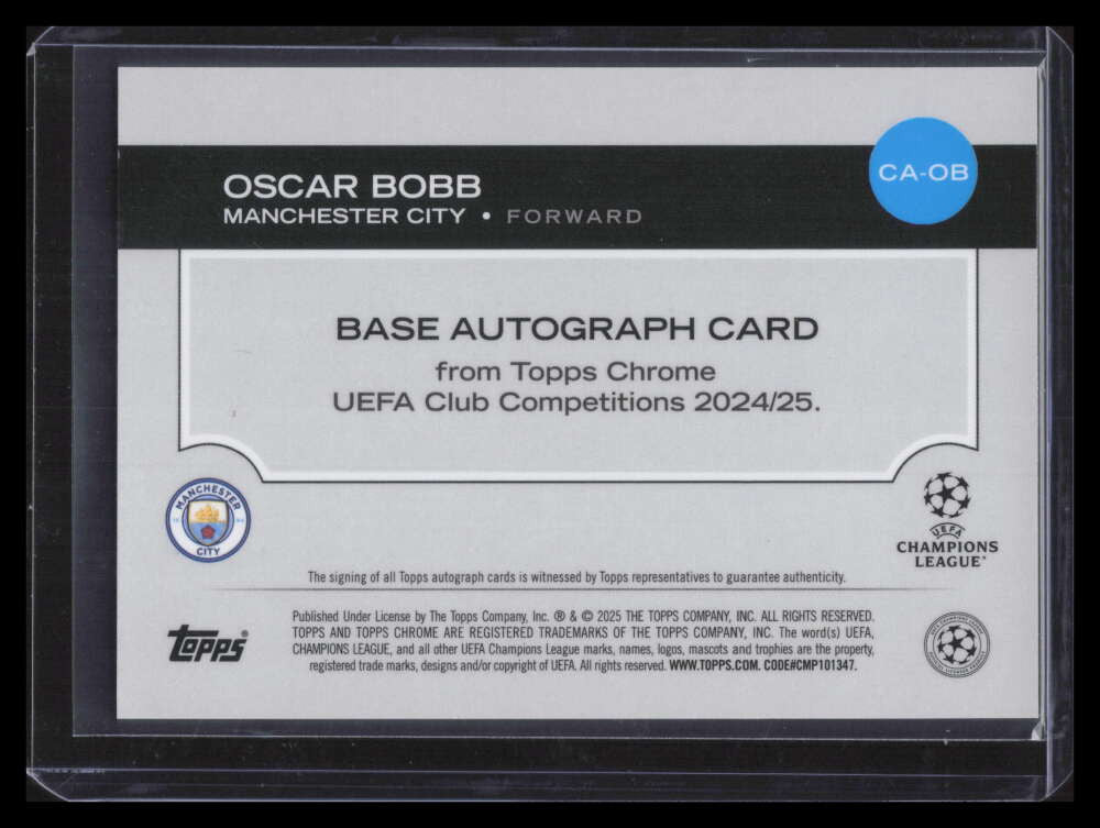 2024-25 Topps Chrome UEFA Autographs Green Refractor CAOB Oscar Bobb Auto 10/99