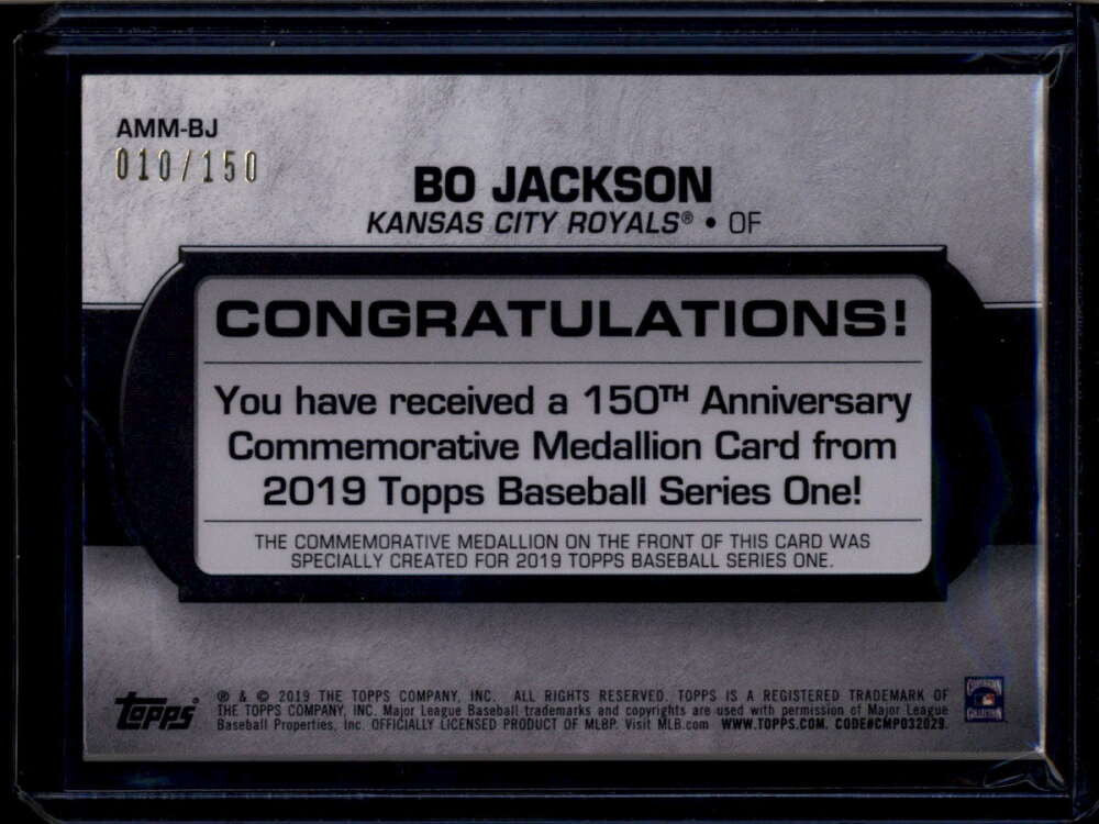 DELETE 174250 2019 Topps 150th Anniversary Manufactured AMMBJ Bo Jackson Medallion 10/150