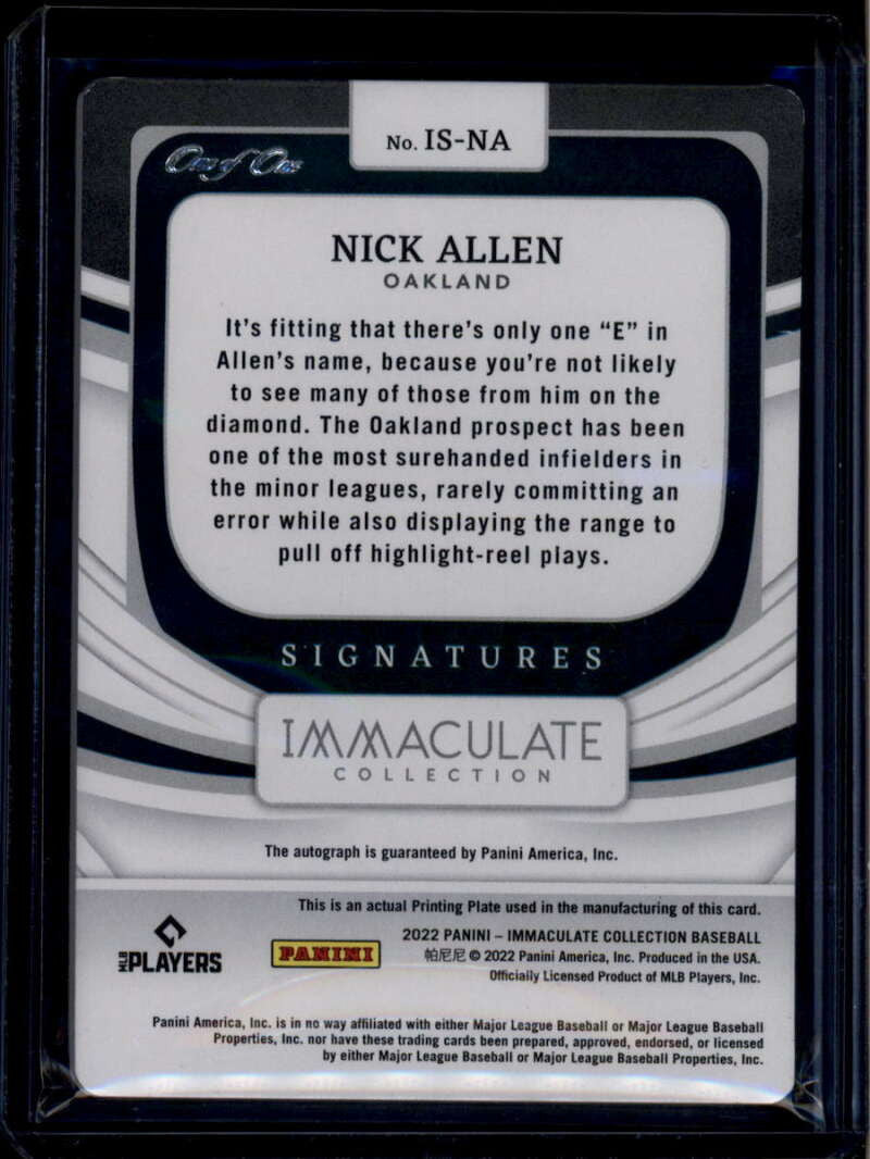 2022 Immaculate Collection Signatures Printing Plate Nick Allen Rookie Auto 1/1