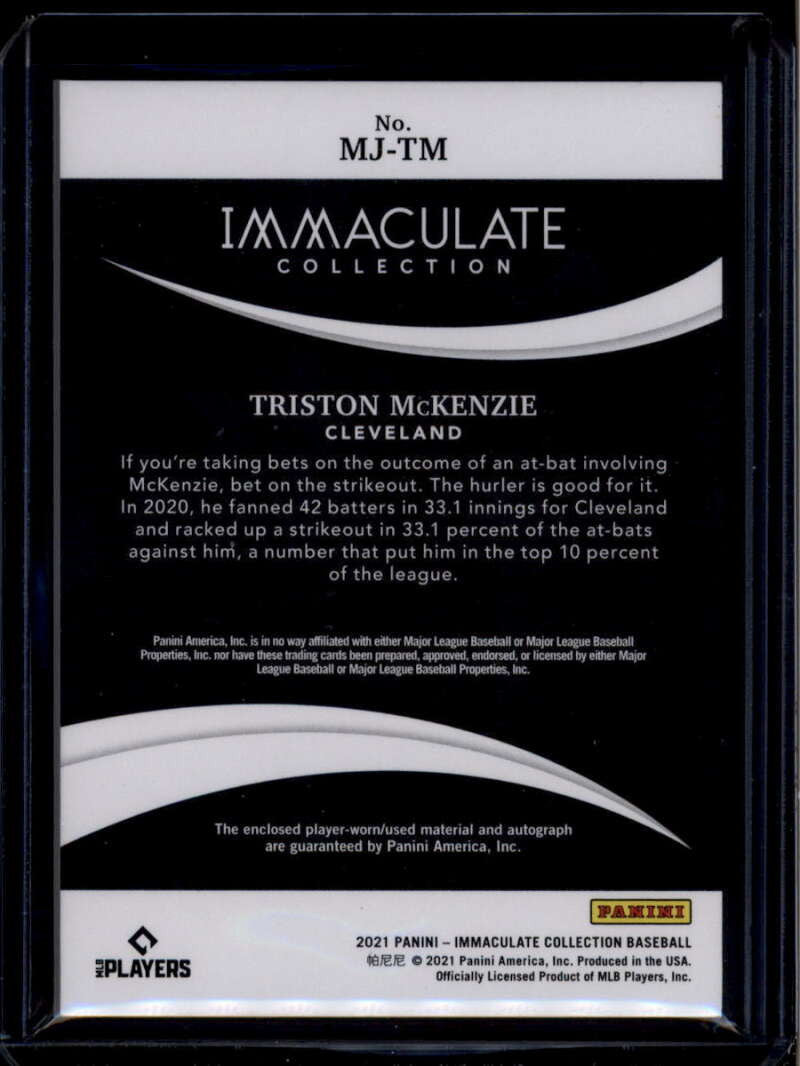 2021 Immaculate Collection Monochrome Sock 65 Triston McKenzie RC Patch Auto 3/4