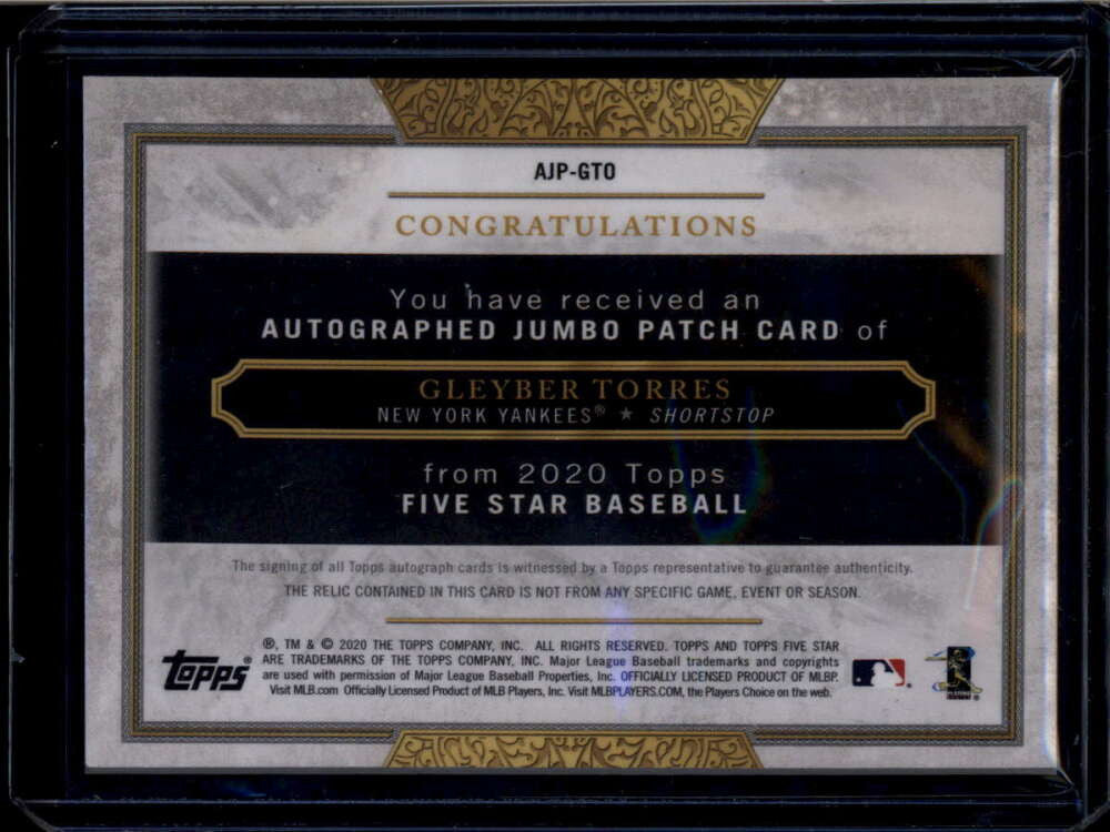 SOLD 174295 2020 Topps Five Star Jumbo Autographs Gold AJPGTO Gleyber Torres Patch Auto 8/10