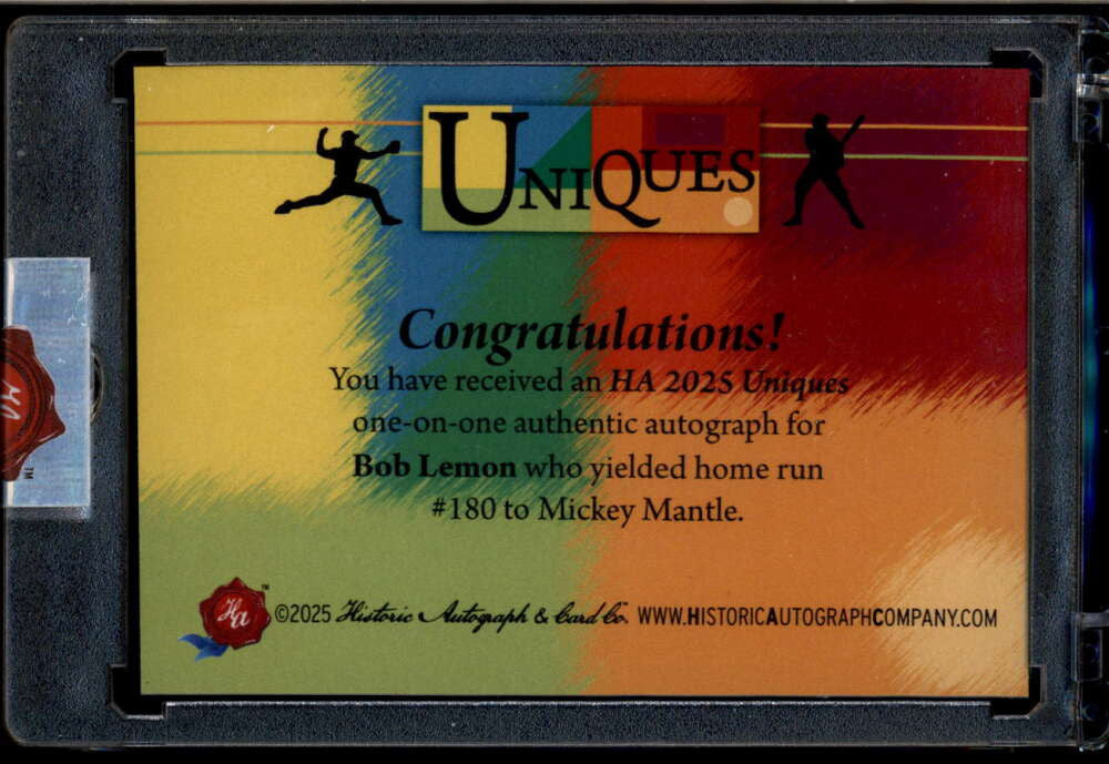 2025 Historic Autographs Uniques Bob Lemon Cut Auto 1/1 Yielded HR 180 to Mantle