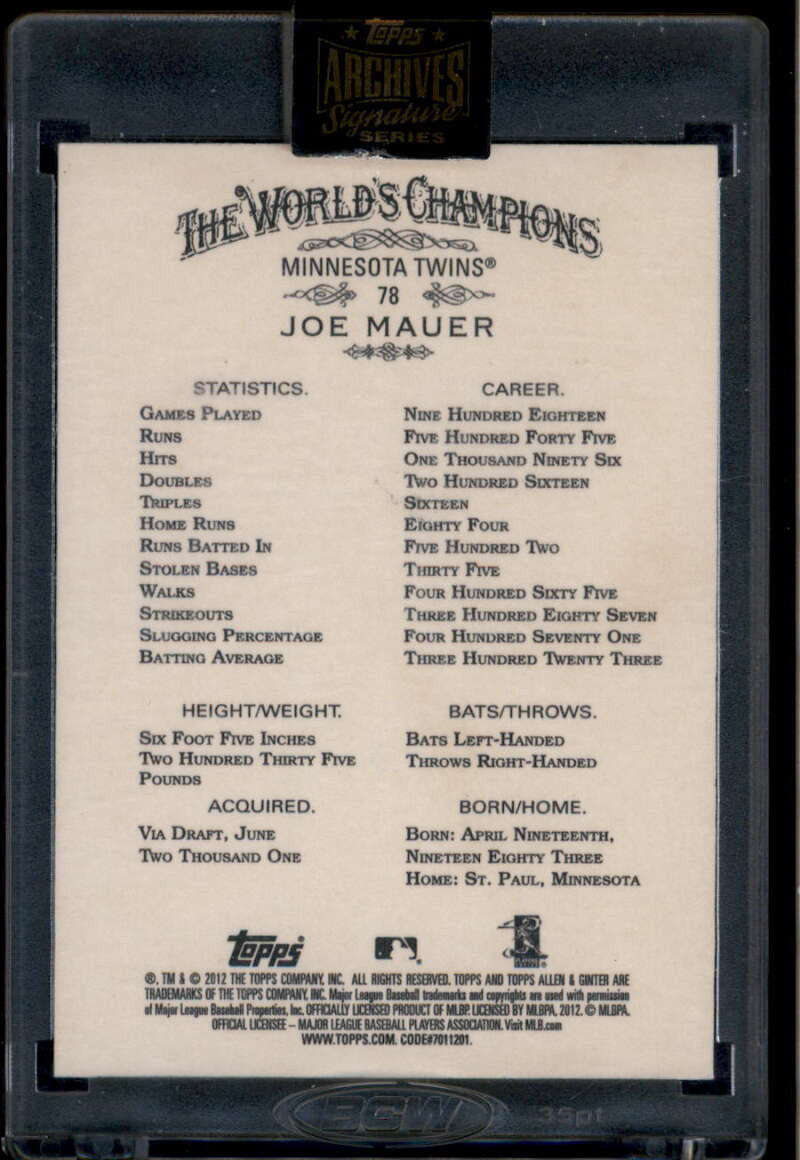 SOLD 174398 2021 Topps Archives Signature Series Retired Joe Mauer Auto 1/17 2012 Ginter