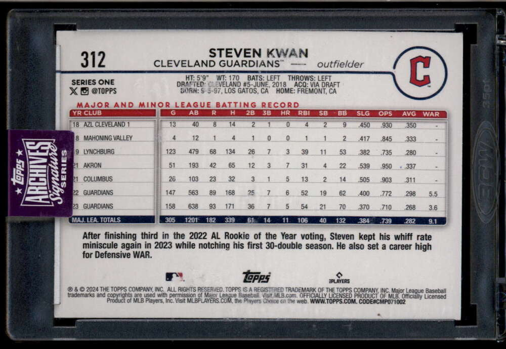 2025 Topps Archives Signature Series Steven Kwan Auto 1/1 2024 Crackle Foil Ice