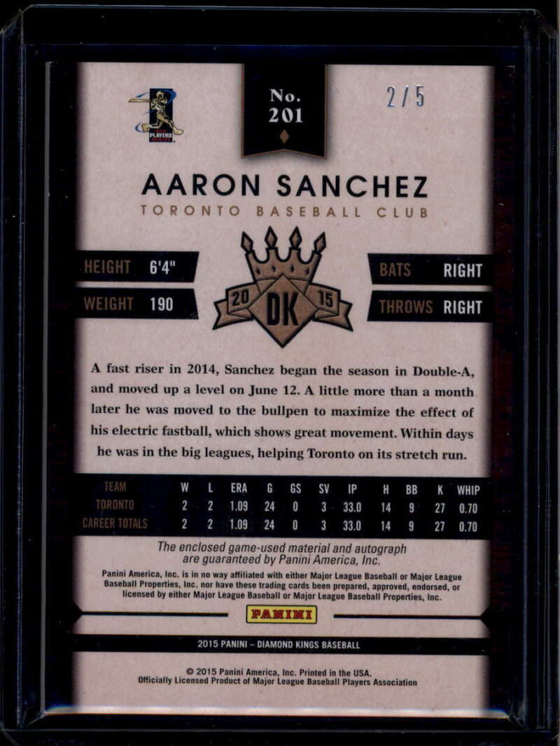 2015 Diamond Kings DK Signature Materials 201 Aaron Sanchez Dual Patch Auto 2/5