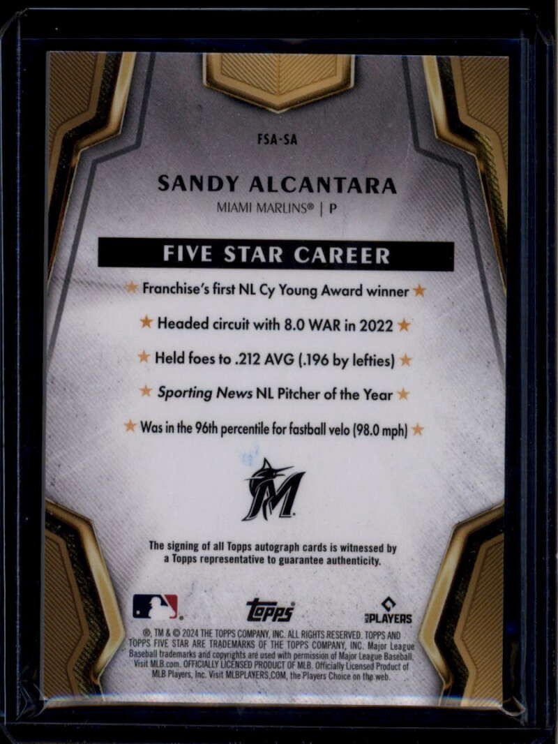 DELETE 174464 2024 Topps Five Star Autographs Purple FSASA Sandy Alcantara Auto 9/50