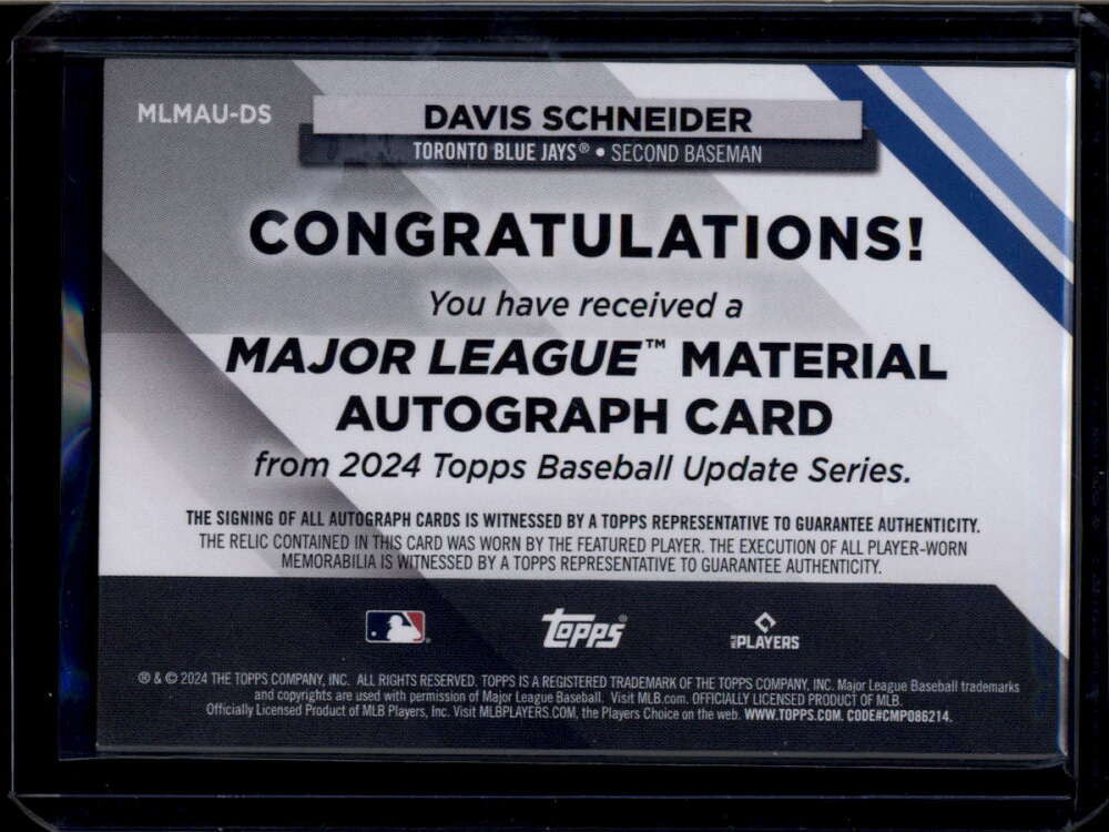 SOLD 174470 2024 Topps Major League Material Autographs Davis Schneider RC Jersey Auto 7/25