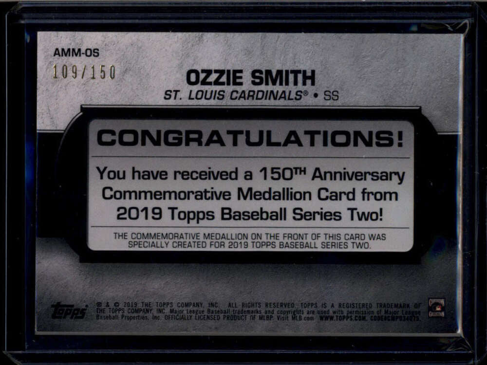 2019 Topps 150th Anniversary Manufactured AMMOS Ozzie Smith Medallion 109/150