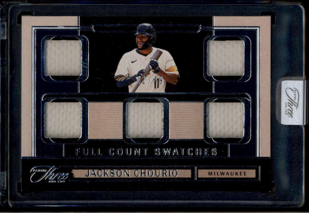 SOLD 174536 2025 Panini Three and Two Full Count Swatches 30 Jackson Chourio 5 Jersey 2/49
