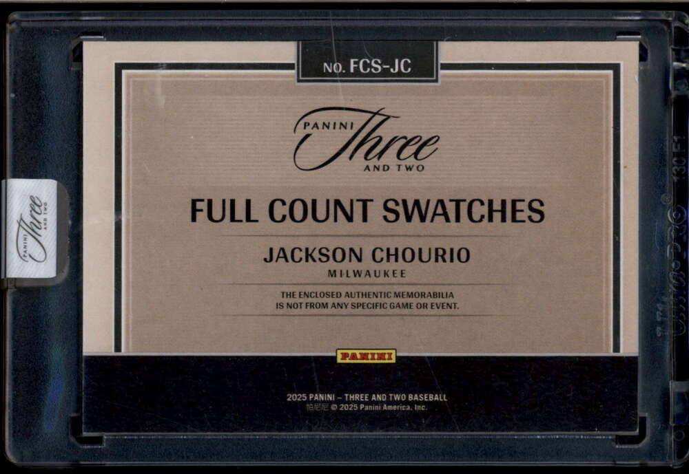 SOLD 174536 2025 Panini Three and Two Full Count Swatches 30 Jackson Chourio 5 Jersey 2/49