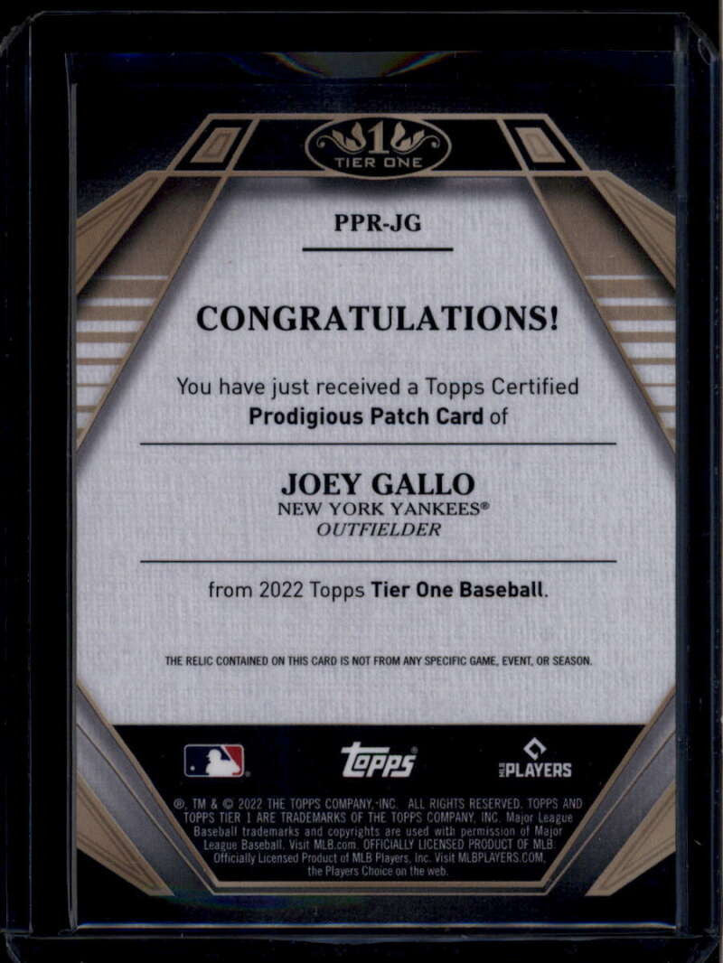 SOLD 174573 2022 Topps Tier One Prodigious Patches PPRJG Joey Gallo Jumbo Patch 7/10
