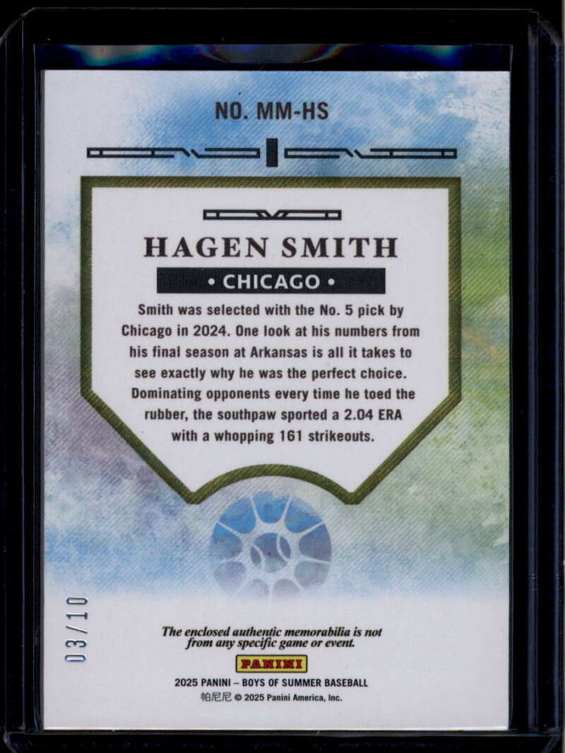 SOLD 174579 2025 Panini Boys of Summer Massive Materials 22 Hagen Smith RC Jumbo Patch 3/10