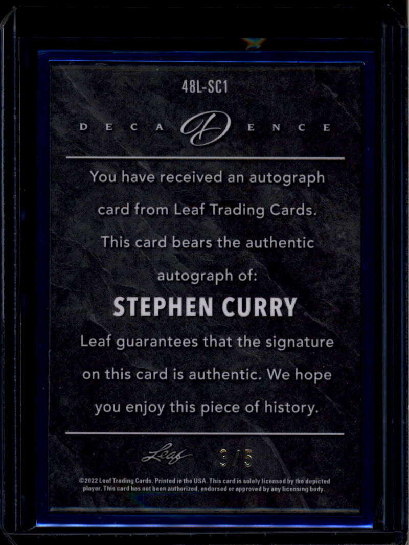 2022 Leaf Decadence '48 Leaf Autographs Blue 48lsc1 Stephen Curry Auto 3/5
