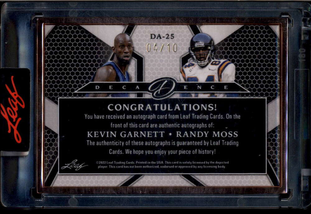 2022 Leaf Decadence Autographs Bronze Randy Moss Kevin Garnett Dual Auto 4/10