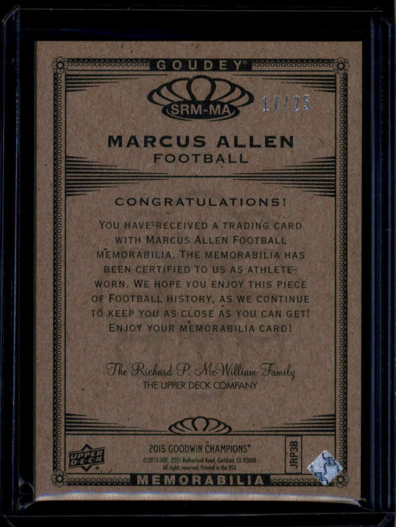 2015 UD Goodwin Champions Goudey Sport Royalty Premium Marcus Allen Patch 17/25