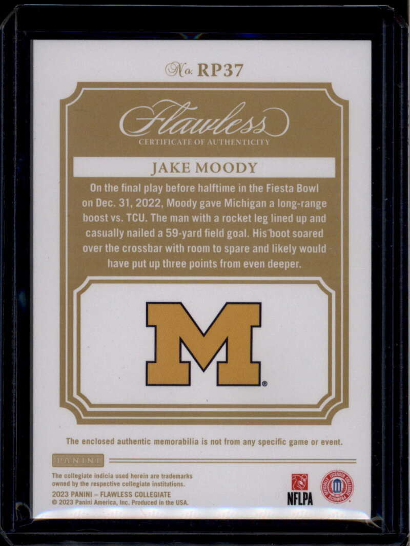 2023 Panini Flawless Collegiate Rookie Patches Emerald Jake Moody RC Patch 4/5