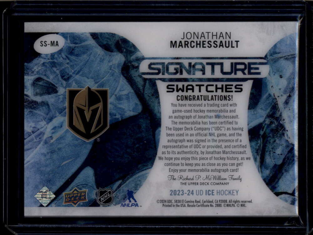2023-24 Upper Deck Ice Signature Swatches SSMA Jonathan Marchessault Jersey Auto