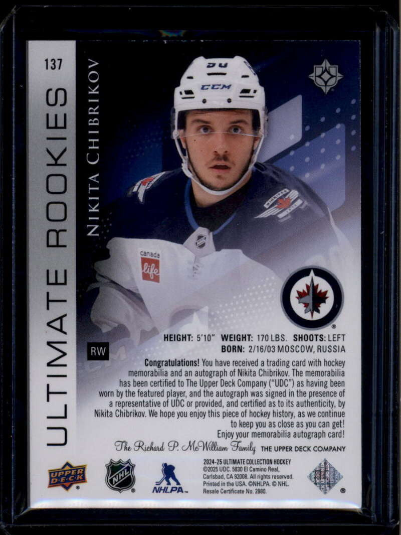 2024-25 Ultimate Collection Autographs 137 Nikita Chibrikov RC Patch Auto 9/99