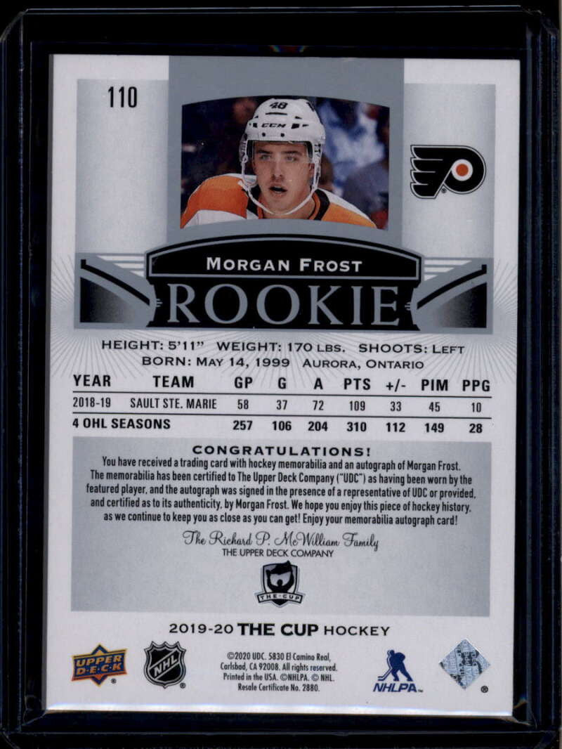 2019-20 The Cup 110 Morgan Frost Rookie Patch Auto 25/249