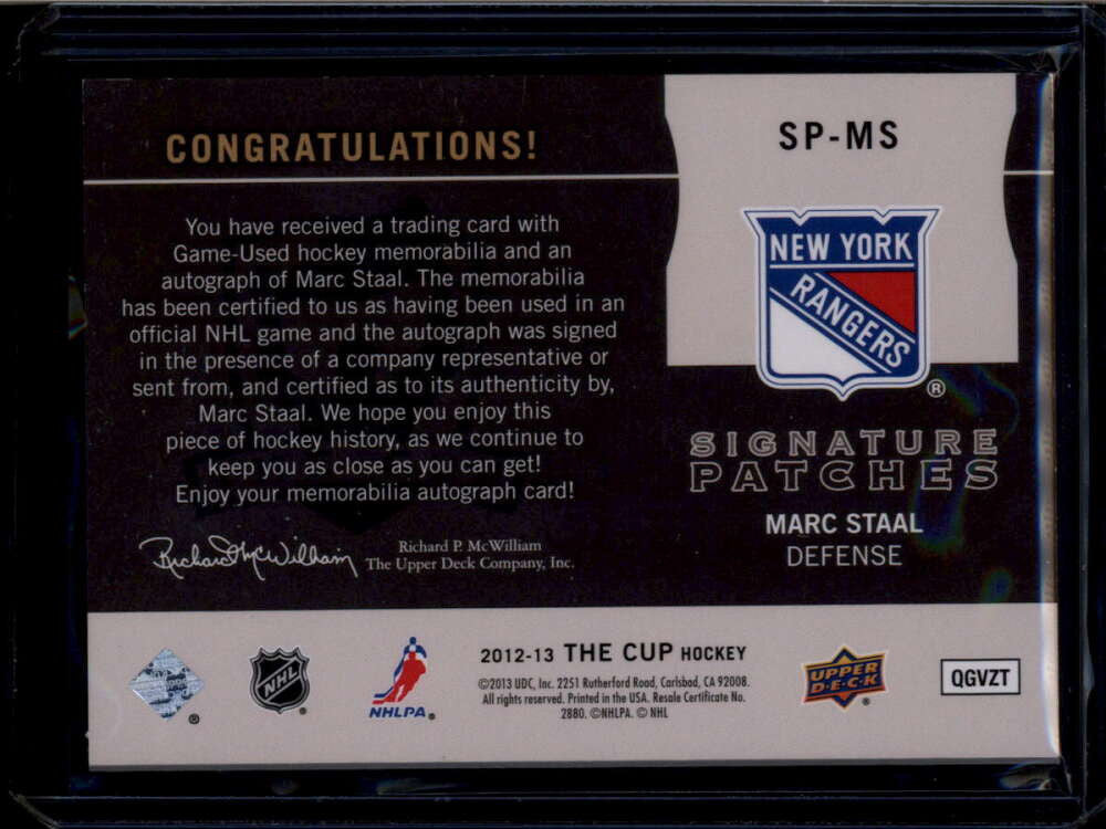 2012-13 The Cup Signature Patches SPMS Marc Staal Patch Auto 77/99