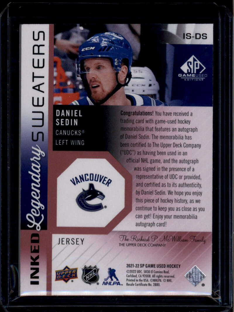 2021-22 SP Game Used Inked Legendary Sweaters Daniel Sedin Jersey Auto 15/35