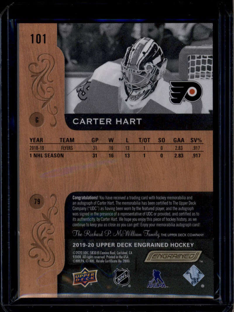 2019-20 Upper Deck Engrained Premium Autographs Carter Hart RC Patch Auto 10/35