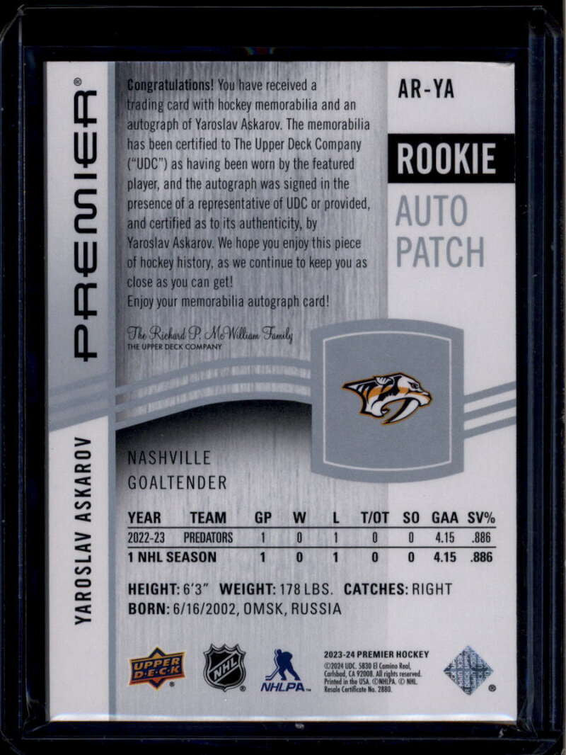 2023-24 UD Premier Acetate Rookie Autographs Yaroslav Askarov RC Patch Auto /99