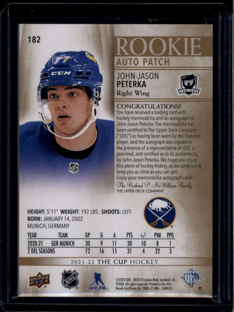 2021-22 The Cup Gold 182 J. J. John-Jason Peterka RC Patch Auto 17/24