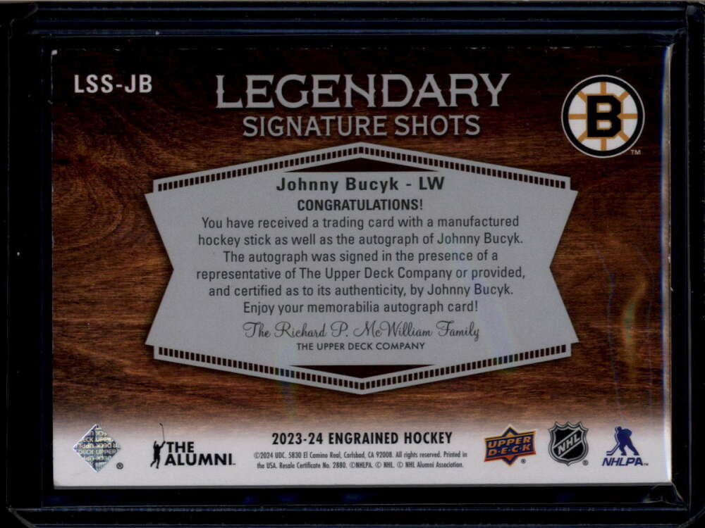 2023-24 UD Engrained Legendary Signature Shots Blue Ink Johnny Bucyk Auto 1/1
