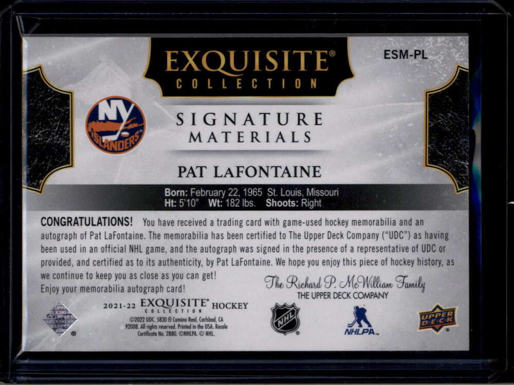 2021-22 Exquisite Material Signatures Black ESMPL Pat LaFontaine Patch Auto 1/1