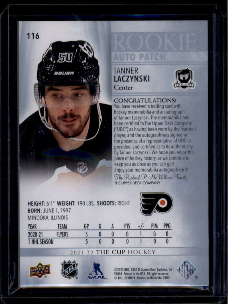 2021-22 The Cup 116 Tanner Laczynski Rookie Patch Auto 51/249