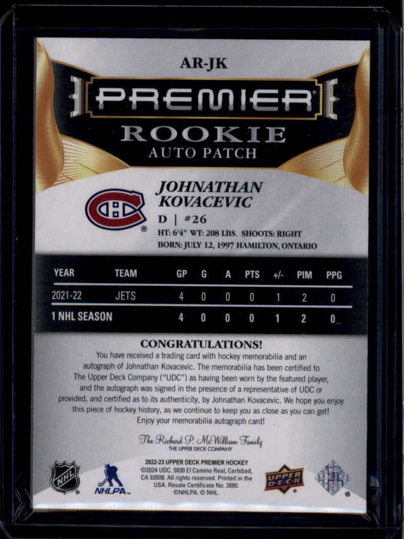 2022-23 UD Premier Acetate Autographs Jonathan Kovacevic RC Patch Auto 202/249