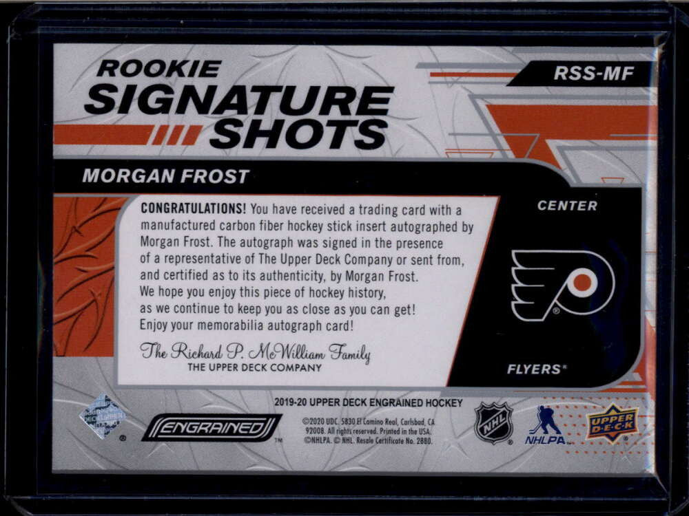 2019-20 Upper Deck Engrained Rookie Signature Shots Morgan Frost RC Auto 29/249